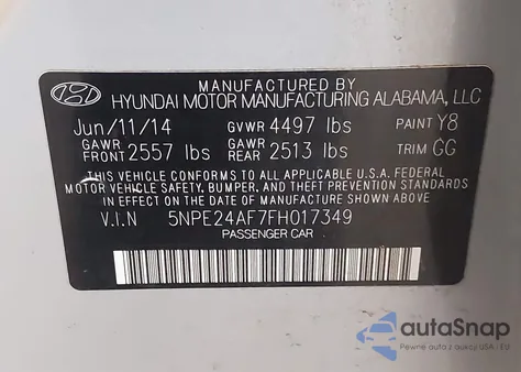 2015 Hyundai Sonata Se from USA, damaged, VIN 5NPE24AF7FH017349